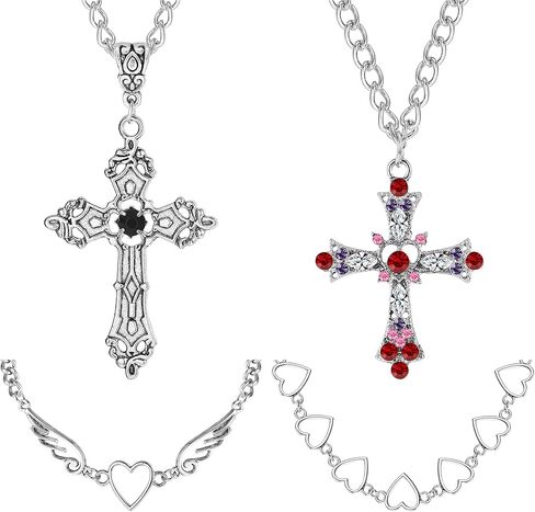 FIASASO 4 قطع الجرونج القوطي قلادة مجموعة للنساء في سن المراهقة بارد Y2k الجرونج المجوهرات القوطية الصليب عين الشر فراشة كريستال الملاك القلب الجناح سلسلة المختنق قلادة Y2k الملحقات in Kuwait