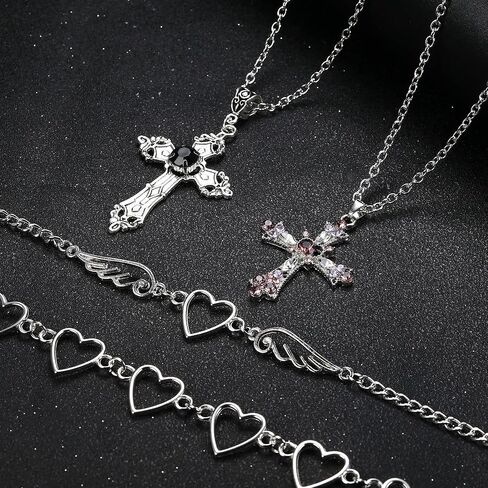 FIASASO 4 قطع الجرونج القوطي قلادة مجموعة للنساء في سن المراهقة بارد Y2k الجرونج المجوهرات القوطية الصليب عين الشر فراشة كريستال الملاك القلب الجناح سلسلة المختنق قلادة Y2k الملحقات in Kuwait