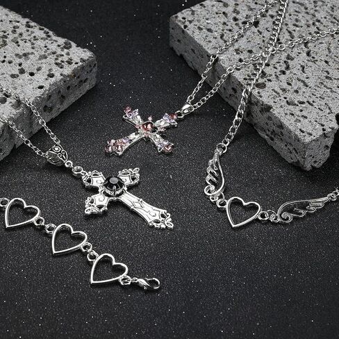 FIASASO 4 قطع الجرونج القوطي قلادة مجموعة للنساء في سن المراهقة بارد Y2k الجرونج المجوهرات القوطية الصليب عين الشر فراشة كريستال الملاك القلب الجناح سلسلة المختنق قلادة Y2k الملحقات in Kuwait