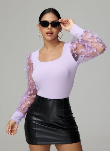 Ekaliy المرأة شير شبكة زهرة النقاط كم طويل ساحة الرقبة سترة أعلى بلوزة الصلبة الأزهار شير شبكة سليم صالح in Kuwait