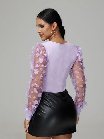 Ekaliy المرأة شير شبكة زهرة النقاط كم طويل ساحة الرقبة سترة أعلى بلوزة الصلبة الأزهار شير شبكة سليم صالح in Kuwait