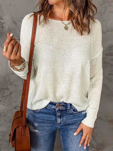 MakeMeChic Women's Solid Drop Shoulder Pullover Sweater Long Sleeve Scoop Neck Ribbed Knit Casual Tops in Saudi Arabia