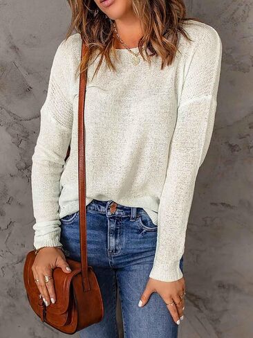 MakeMeChic Women's Solid Drop Shoulder Pullover Sweater Long Sleeve Scoop Neck Ribbed Knit Casual Tops in Saudi Arabia