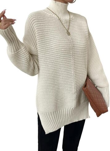 MakeMeChic Women's High Neck Drop Shoulder Split Hem Pullover Sweater Long Sleeve Ribbed Knit Solid Casual Tops in Saudi Arabia