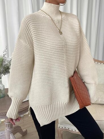 MakeMeChic Women's High Neck Drop Shoulder Split Hem Pullover Sweater Long Sleeve Ribbed Knit Solid Casual Tops in Saudi Arabia