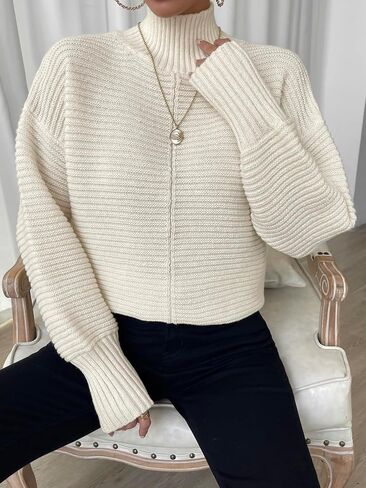 MakeMeChic Women's High Neck Drop Shoulder Split Hem Pullover Sweater Long Sleeve Ribbed Knit Solid Casual Tops in Saudi Arabia