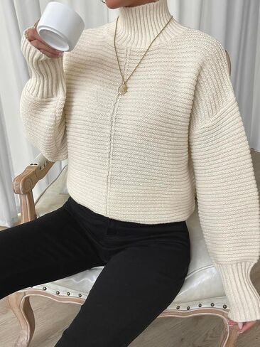 MakeMeChic Women's High Neck Drop Shoulder Split Hem Pullover Sweater Long Sleeve Ribbed Knit Solid Casual Tops in Saudi Arabia