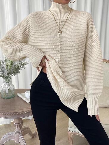 MakeMeChic Women's High Neck Drop Shoulder Split Hem Pullover Sweater Long Sleeve Ribbed Knit Solid Casual Tops in Saudi Arabia