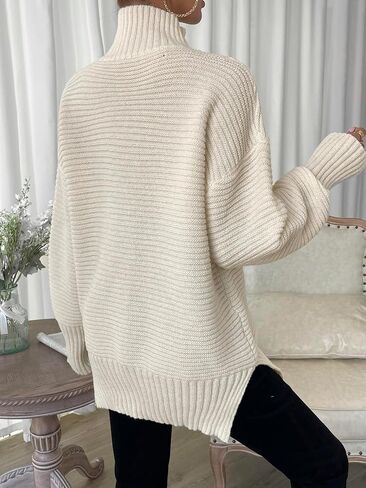 MakeMeChic Women's High Neck Drop Shoulder Split Hem Pullover Sweater Long Sleeve Ribbed Knit Solid Casual Tops in Saudi Arabia