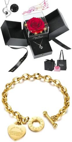 هدايا عيد الأم من Emibele وردة حمراء حقيقية محفوظة مع قلادة من الفضة الإسترليني S925 ومجموعة مجوهرات سوار على شكل قلب ذهبي in Kuwait