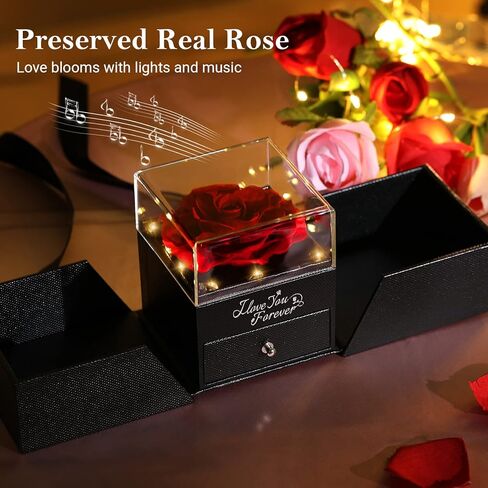 هدايا عيد الأم من Emibele وردة حمراء حقيقية محفوظة مع قلادة من الفضة الإسترليني S925 ومجموعة مجوهرات سوار على شكل قلب ذهبي in Kuwait