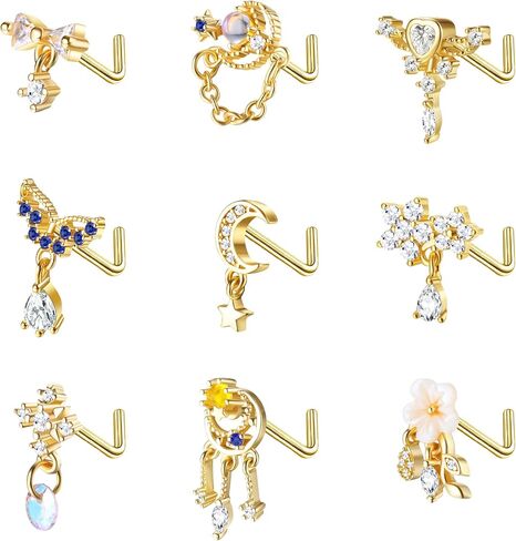 Dochais 9 قطع حلقات الأنف المتدلية 20 جرام ترصيع الأنف للنساء من الفولاذ المقاوم للصدأ على شكل حرف L حلقات الأنف قلب القمر ستار تشيكوسلوفاكيا زهرة أوبال تتدلى حلقات الأنف ثقب الأنف مجوهرات للنساء in Kuwait