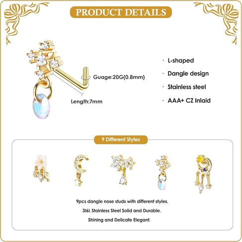 Dochais 9 قطع حلقات الأنف المتدلية 20 جرام ترصيع الأنف للنساء من الفولاذ المقاوم للصدأ على شكل حرف L حلقات الأنف قلب القمر ستار تشيكوسلوفاكيا زهرة أوبال تتدلى حلقات الأنف ثقب الأنف مجوهرات للنساء in Kuwait