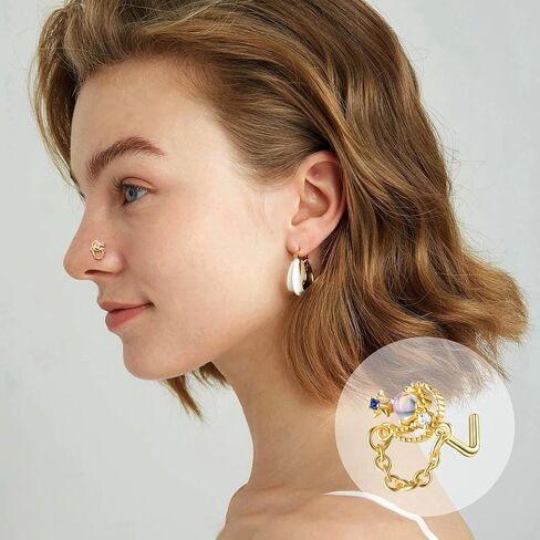 Dochais 9 قطع حلقات الأنف المتدلية 20 جرام ترصيع الأنف للنساء من الفولاذ المقاوم للصدأ على شكل حرف L حلقات الأنف قلب القمر ستار تشيكوسلوفاكيا زهرة أوبال تتدلى حلقات الأنف ثقب الأنف مجوهرات للنساء in Kuwait