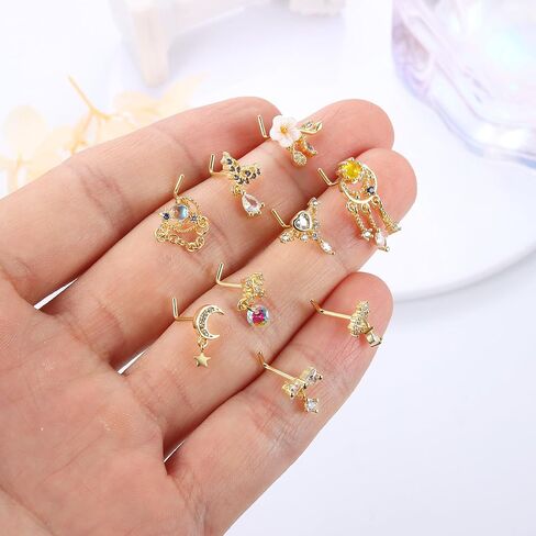 Dochais 9 قطع حلقات الأنف المتدلية 20 جرام ترصيع الأنف للنساء من الفولاذ المقاوم للصدأ على شكل حرف L حلقات الأنف قلب القمر ستار تشيكوسلوفاكيا زهرة أوبال تتدلى حلقات الأنف ثقب الأنف مجوهرات للنساء in Kuwait