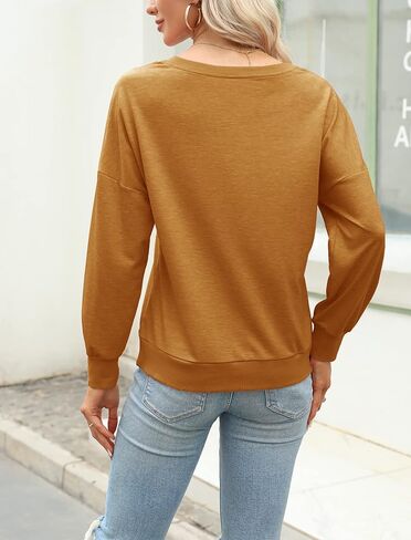 سويت شيرت نسائي برقبة على شكل حرف V واكمام طويلة خفيف الوزن عصري للخريف, واي-كاكي, L in Kuwait