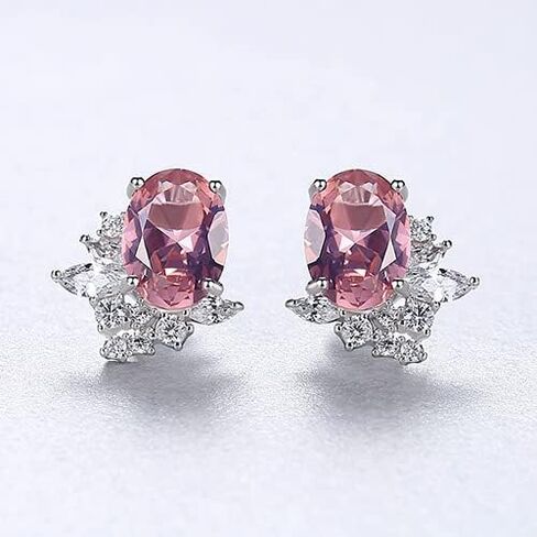 Peiyo S925 Sterling Silver Oval Morganite Stud Earrings Hypoallergenic Cubic Zirconia Earrings for Women, 2.01g Weight, Sterling Silver, Morganite in Kuwait