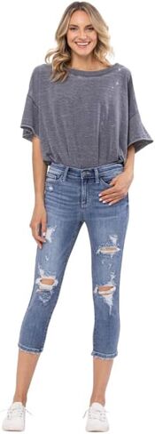 Judy Blue Mid-Rise Destroyed Capri - 82258 (22W) Blue, Medium Blue in Saudi Arabia