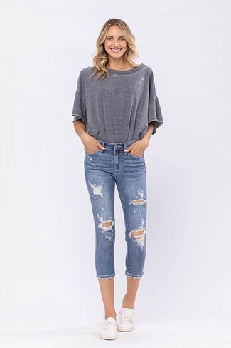 Judy Blue Mid-Rise Destroyed Capri - 82258 (22W) Blue, Medium Blue in Saudi Arabia