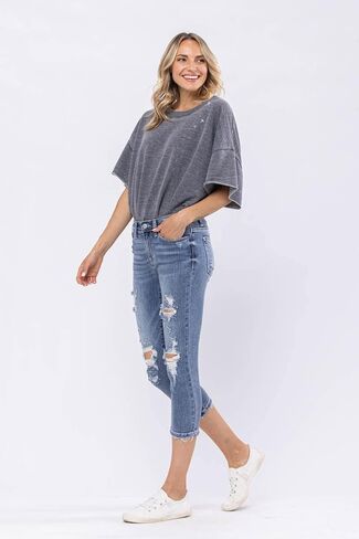 Judy Blue Mid-Rise Destroyed Capri - 82258 (22W) Blue, Medium Blue in Saudi Arabia