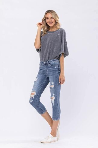 Judy Blue Mid-Rise Destroyed Capri - 82258 (22W) Blue, Medium Blue in Saudi Arabia
