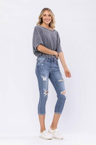 Judy Blue Mid-Rise Destroyed Capri - 82258 (22W) Blue, Medium Blue in Saudi Arabia