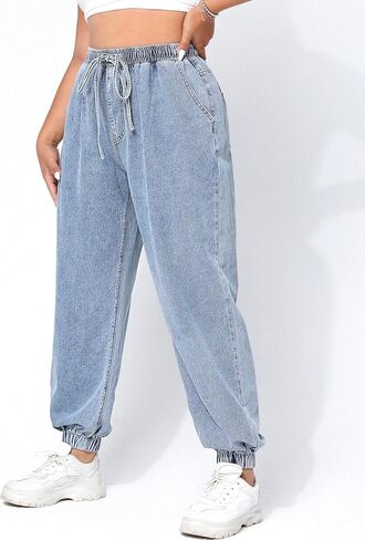 MakeMeChic Women's Plus Size Jogger Jeans Elastic High Waisted Tapered Denim Pants Trousers in Saudi Arabia
