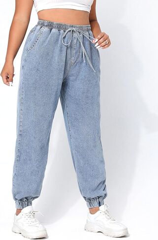 MakeMeChic Women's Plus Size Jogger Jeans Elastic High Waisted Tapered Denim Pants Trousers in Saudi Arabia
