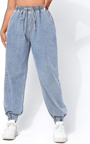 MakeMeChic Women's Plus Size Jogger Jeans Elastic High Waisted Tapered Denim Pants Trousers in Saudi Arabia