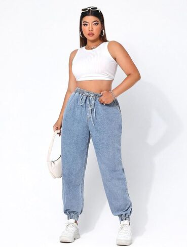 MakeMeChic Women's Plus Size Jogger Jeans Elastic High Waisted Tapered Denim Pants Trousers in Saudi Arabia