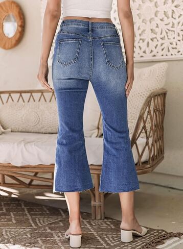 Sidefeel Women's Cropped Flared Jeans Bootcut Stretchy Bell Bottom Denim Pants Dark Blue Size 18 in Saudi Arabia