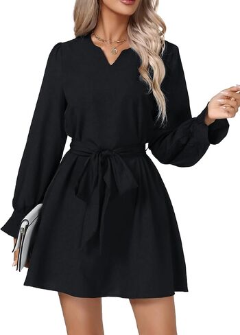 Vrtige Women's Casual V Neck Tie Waist Long Sleeve Flowy Ruffle Hem A Line Mini Dress in Saudi Arabia