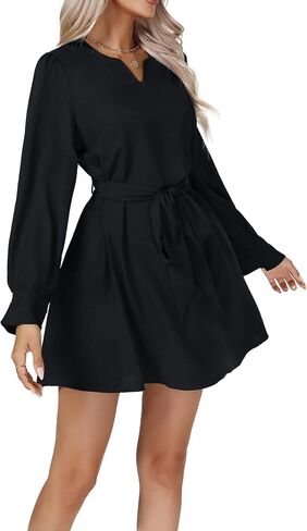 Vrtige Women's Casual V Neck Tie Waist Long Sleeve Flowy Ruffle Hem A Line Mini Dress in Saudi Arabia