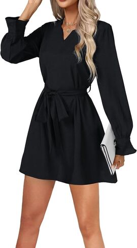 Vrtige Women's Casual V Neck Tie Waist Long Sleeve Flowy Ruffle Hem A Line Mini Dress in Saudi Arabia