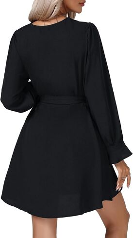 Vrtige Women's Casual V Neck Tie Waist Long Sleeve Flowy Ruffle Hem A Line Mini Dress in Saudi Arabia