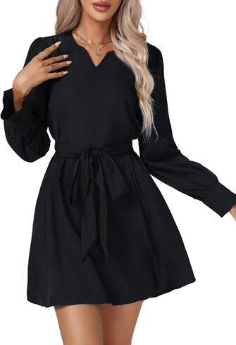 Vrtige Women's Casual V Neck Tie Waist Long Sleeve Flowy Ruffle Hem A Line Mini Dress in Saudi Arabia