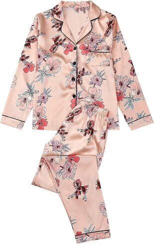 LYANER Women's 2 pieces Floral Satin Pajama Sets Button Shirt and Long Pants Lounge Set Light Pink Medium in Saudi Arabia