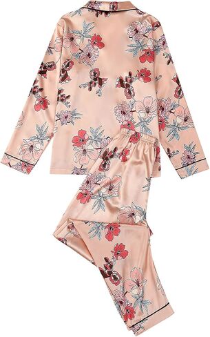 LYANER Women's 2 pieces Floral Satin Pajama Sets Button Shirt and Long Pants Lounge Set Light Pink Medium in Saudi Arabia