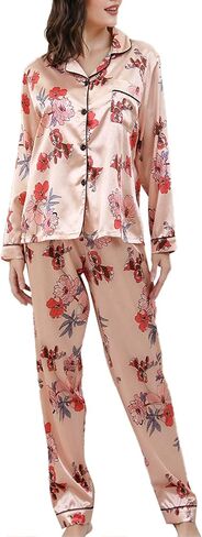 LYANER Women's 2 pieces Floral Satin Pajama Sets Button Shirt and Long Pants Lounge Set Light Pink Medium in Saudi Arabia