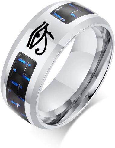 Hisatan Ancient Egyptian Symbol Eye of Horus Ankh Cross Protection Wedding Band Stainless Steel Carbon Fiber Inlay Ring for Men in Saudi Arabia
