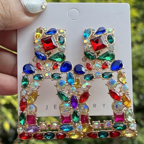 Rhinestone Rectangle Dangle Drop Earrings for Women Sparkly Crystal Geometric Girls Statement Earring Boho Bohemian Prom in Saudi Arabia