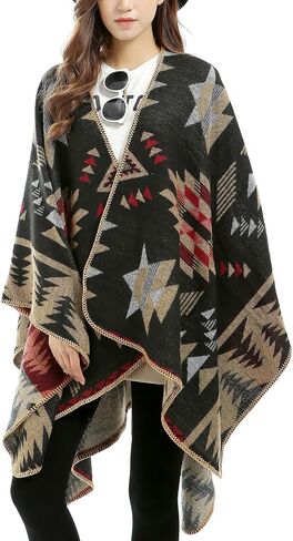 Women's Travel Plaid Shawl Wraps Open Front Poncho Cape Warm Oversized Sweaters Casual Cardigan Shawls for Fall Winter,Series 03-Stars Diamonds in Saudi Arabia