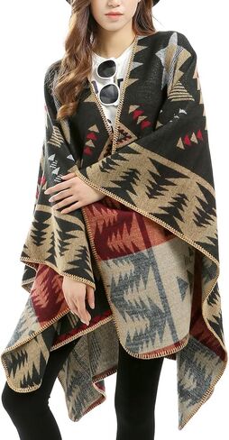 Women's Travel Plaid Shawl Wraps Open Front Poncho Cape Warm Oversized Sweaters Casual Cardigan Shawls for Fall Winter,Series 03-Stars Diamonds in Saudi Arabia