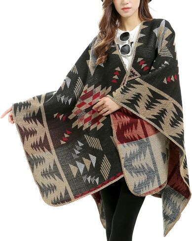 Women's Travel Plaid Shawl Wraps Open Front Poncho Cape Warm Oversized Sweaters Casual Cardigan Shawls for Fall Winter,Series 03-Stars Diamonds in Saudi Arabia