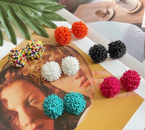 6 أزواج البذور مطرز أقراط أقراط مطرزة للنساء هيبوالرجينيك البوهيمي بيان العنقودية قوس قزح البذور الخرز أقراط مستديرة كبيرة in Kuwait