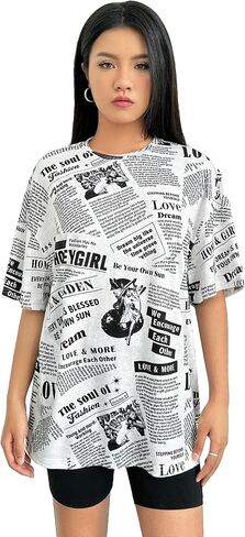 WDIRARA Women's Newspaper Print Round Neck Half Sleeve T Shirt Casual Tee Tops in Saudi Arabia