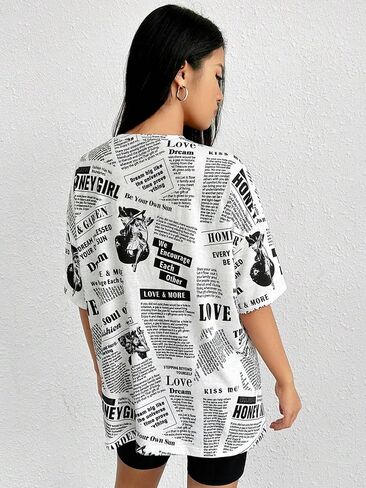 WDIRARA Women's Newspaper Print Round Neck Half Sleeve T Shirt Casual Tee Tops in Saudi Arabia