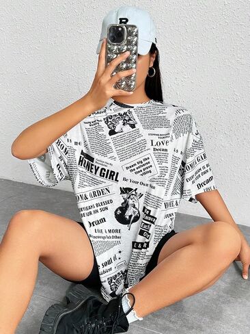 WDIRARA Women's Newspaper Print Round Neck Half Sleeve T Shirt Casual Tee Tops in Saudi Arabia