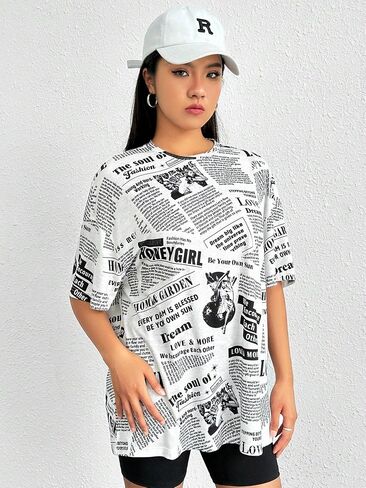 WDIRARA Women's Newspaper Print Round Neck Half Sleeve T Shirt Casual Tee Tops in Saudi Arabia