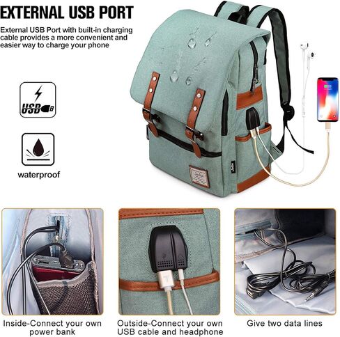 Vintage Backpack College School Rucksack Unisex Laptop Daypack with USB Charging Port and Headphone Jack Black in Kuwait